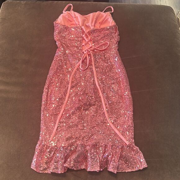 Women’s Pink Sequined Short Homecoming Party Dress Ruffle Hem CorsetBack Size 4 - Picture 12 of 16